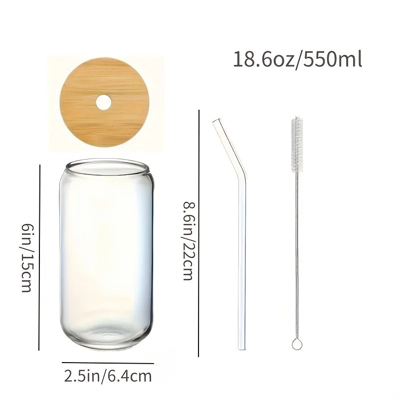 Six Glass Drinking Set Bamboo Lids Glass Straws Premium Quality