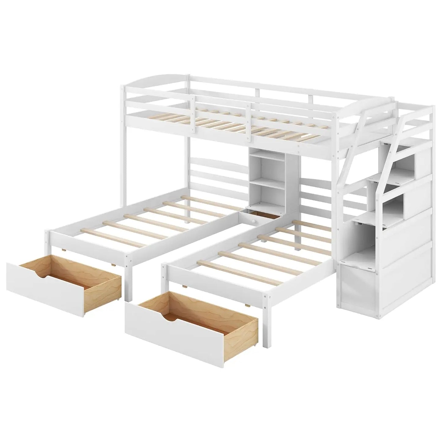 Triple Bunk Bed With Wood Frame And Storage Stairs Drawers