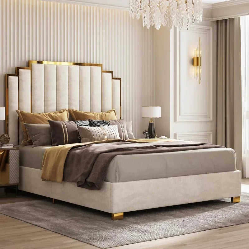 Amerlife Upholstered Bed With Gold Trim Headboard No Box Spring
