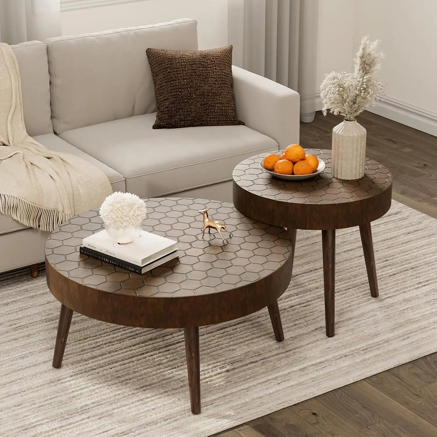 Modern Round Coffee Side Table Set Faux Marble Wooden Top