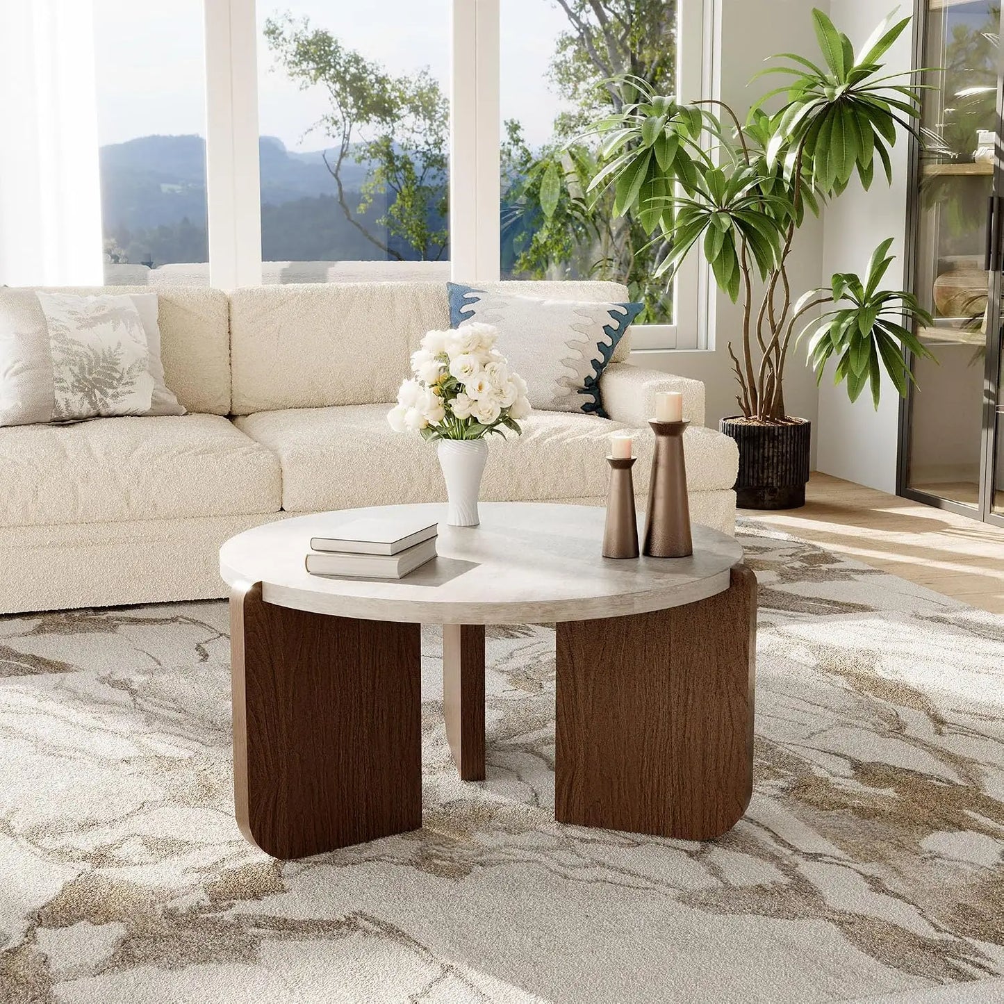 Modern Round Coffee Side Table Set Faux Marble Wooden Top