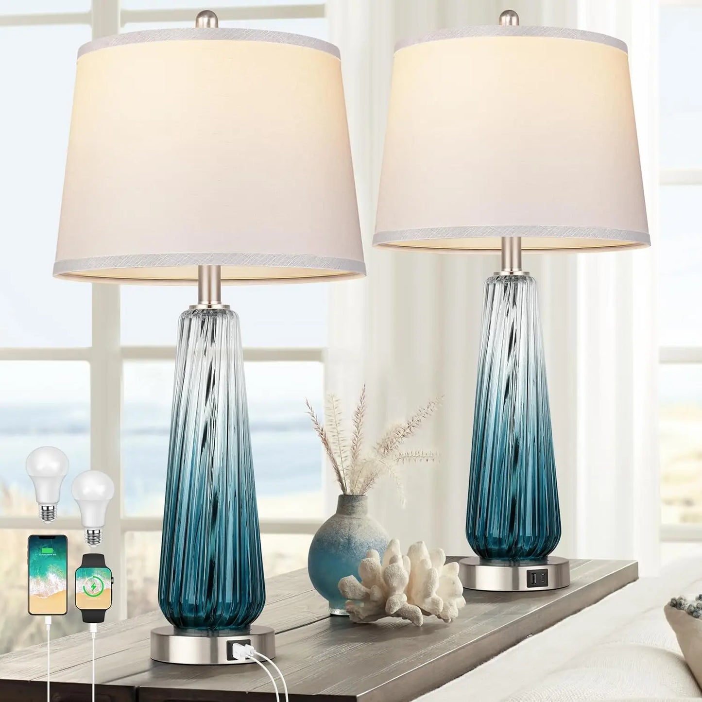 Touch Control Glass Table Lamps Set With Usb Charging Ports
