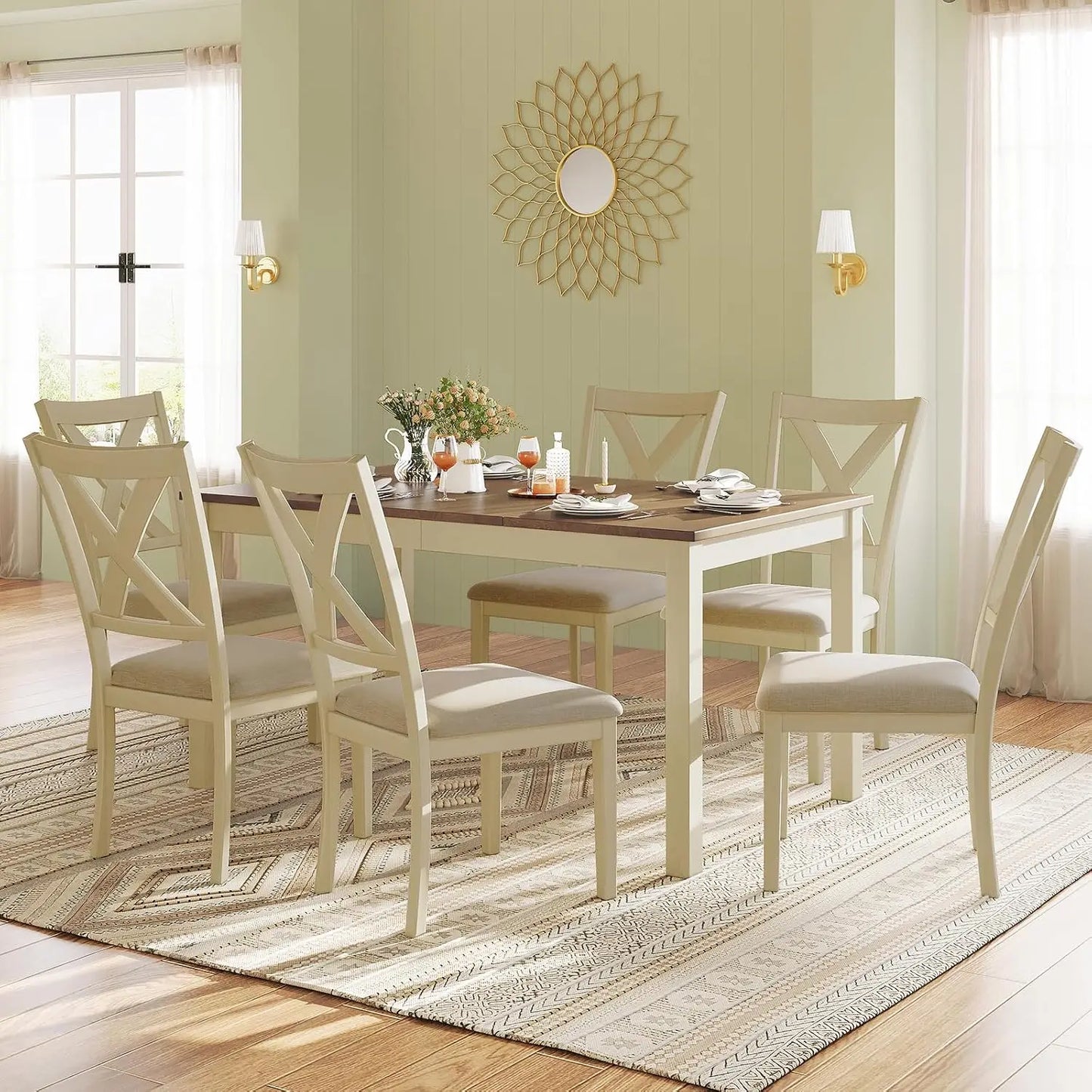Premium Solid Wood Farmhouse Dining Table Set Seats Six