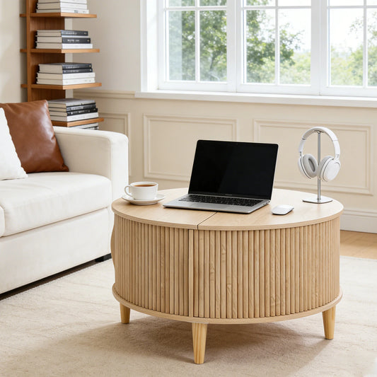 JHK Round Coffee Table With Flip Top Storage Wood Shelves