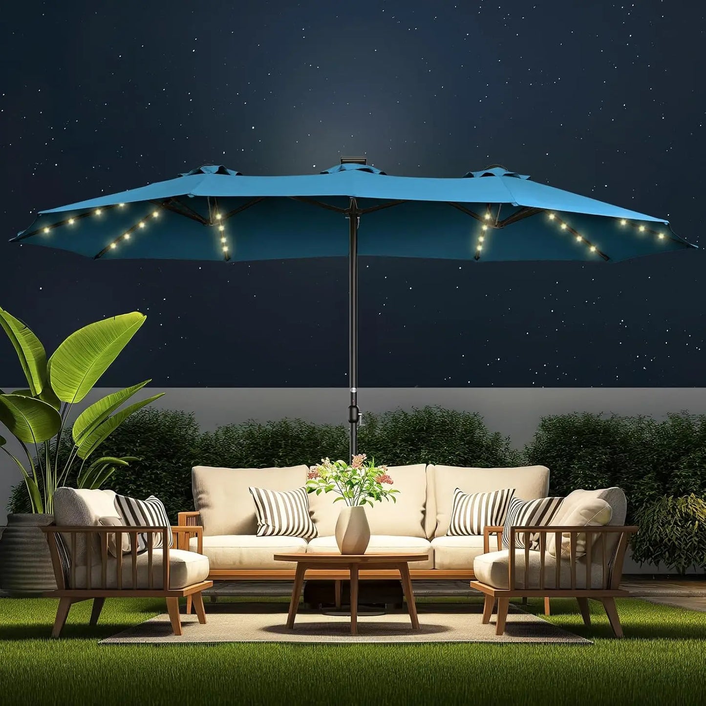 Double Sided Patio Umbrellas With LED Solar Lights And Base