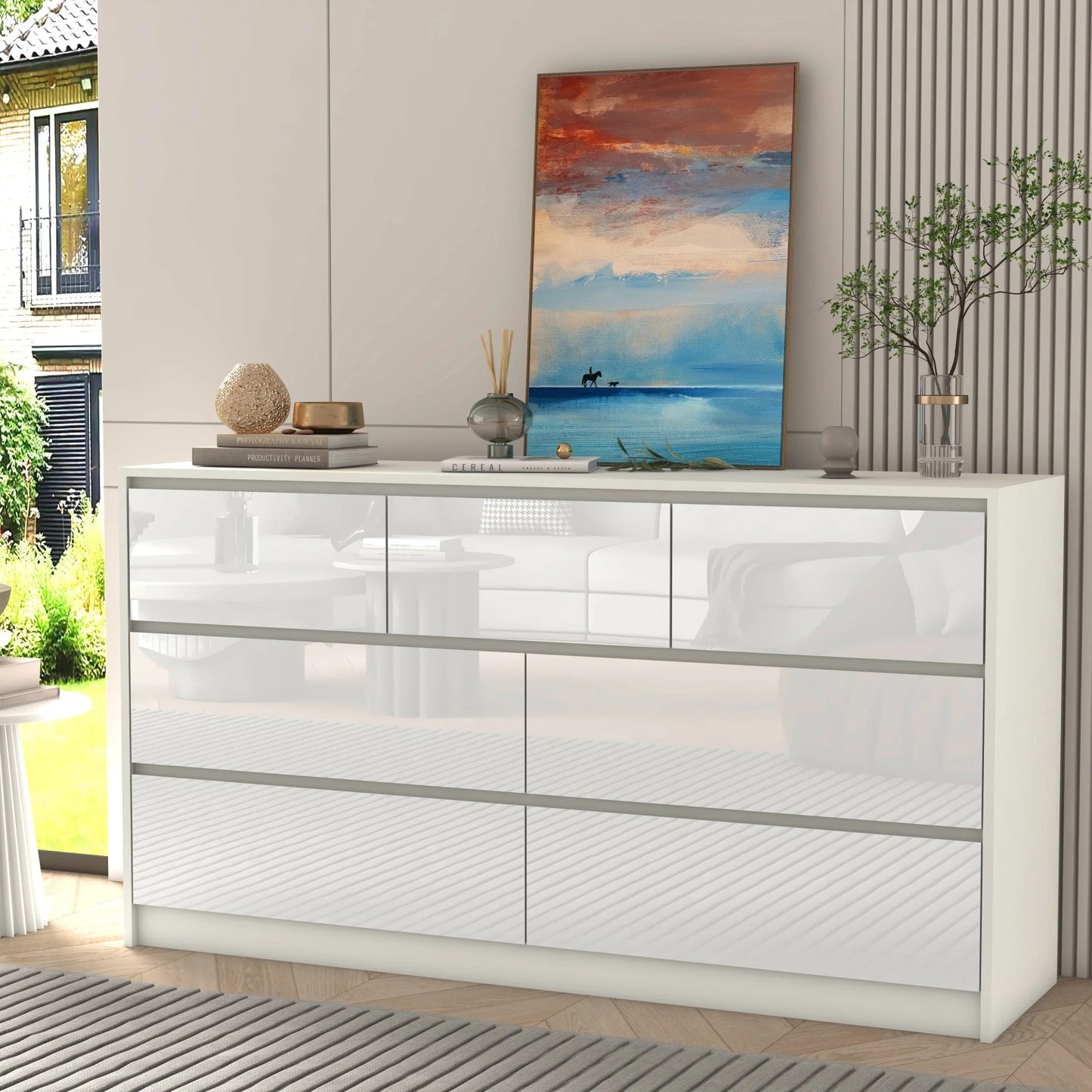 QiaoShiRen 7-Drawer Dresser, Modern High Gloss Wood Chest