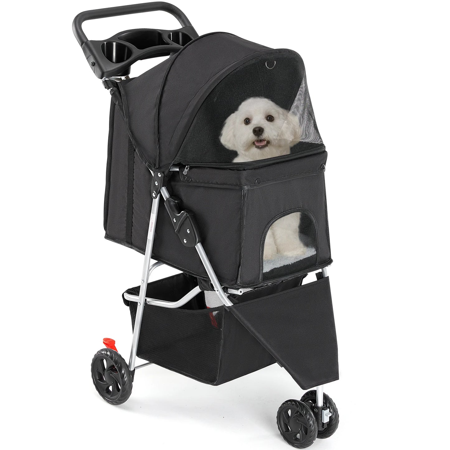3 Wheel Foldable Pet Stroller With Mesh Windows And Cup Holder