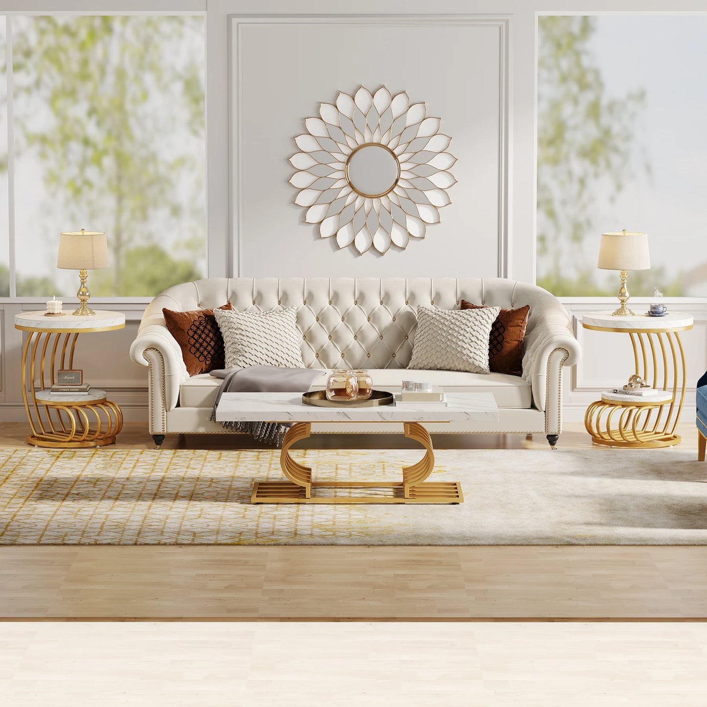 Tribesigns Round End Table With Faux Marble Two Tiers Storage