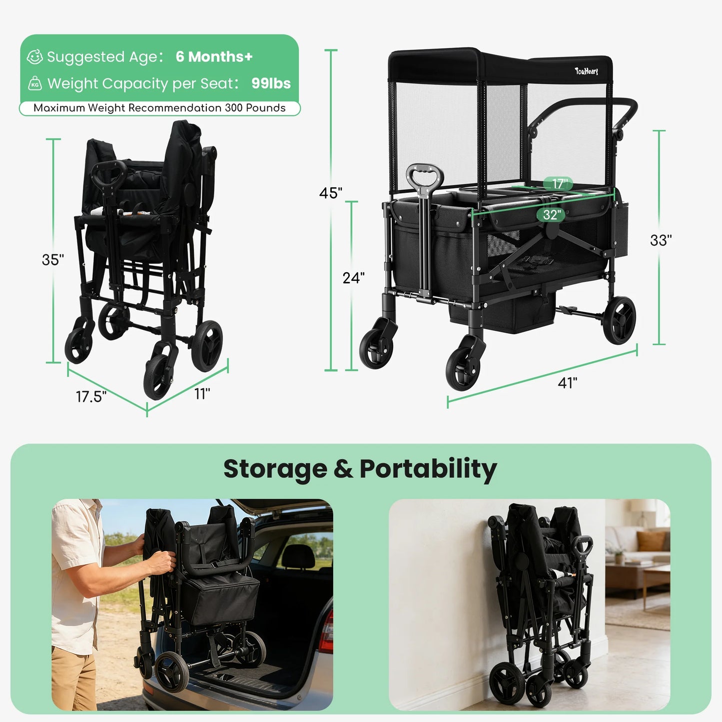 TouHeart 2 Seat Wagon Stroller All Terrain Foldable With Canopy