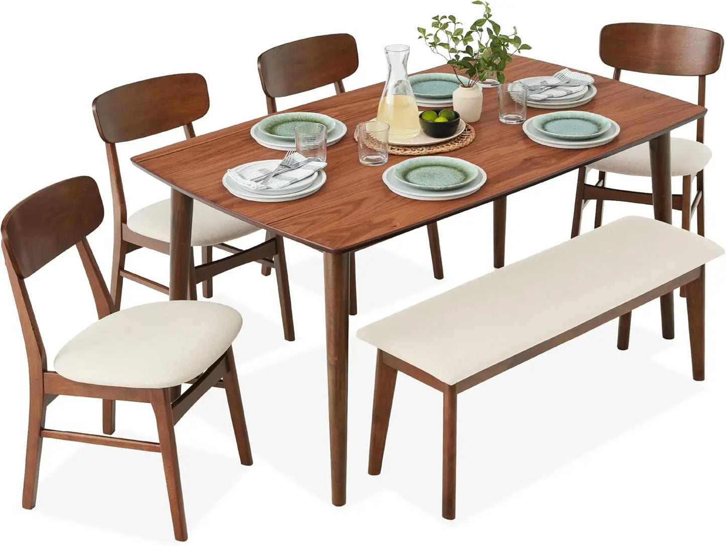 Mid Modern Wooden Dining Table With Upholstered Chairs Rubberwood Set