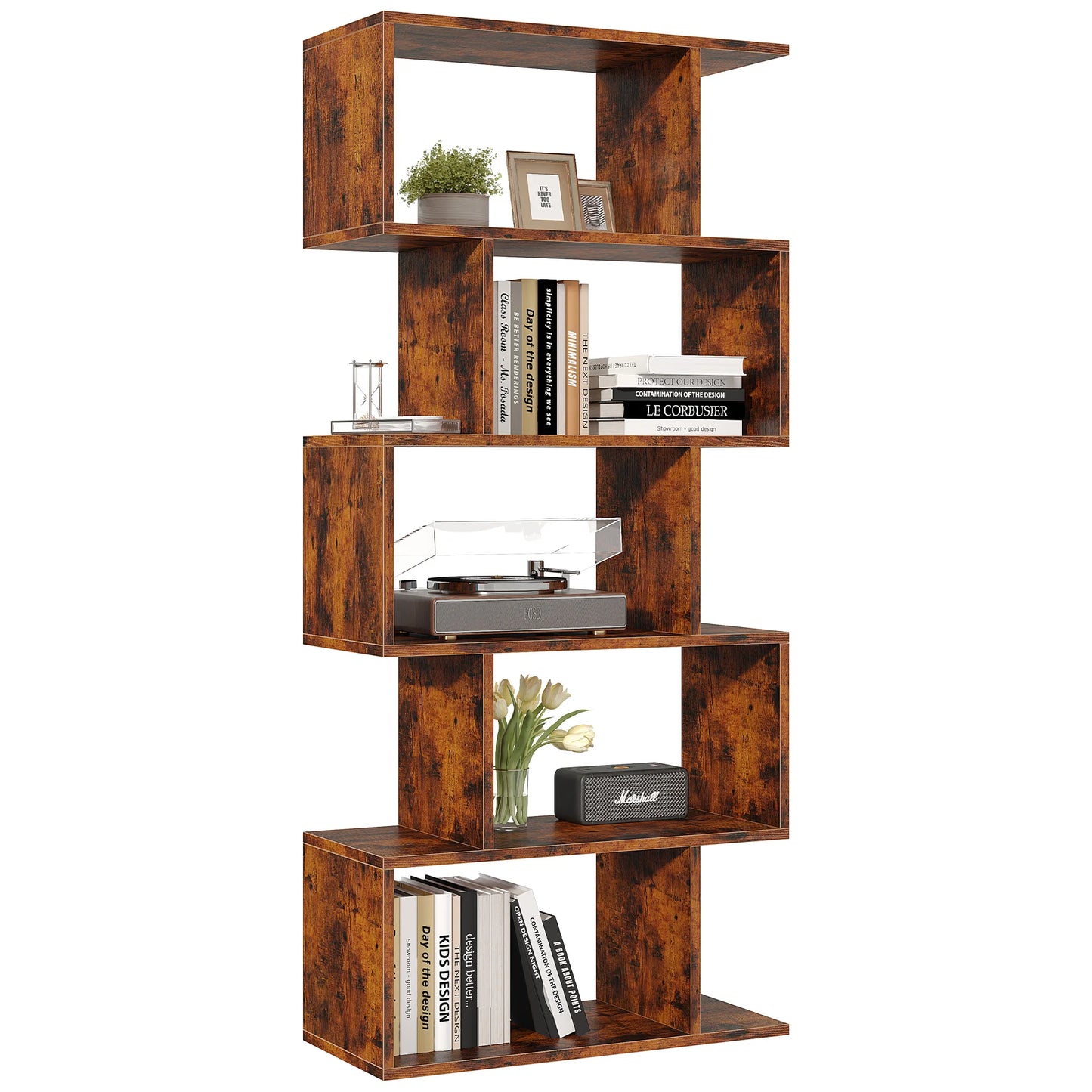 JHK Geometric 5 Tier S Shaped Wooden Bookcase Display