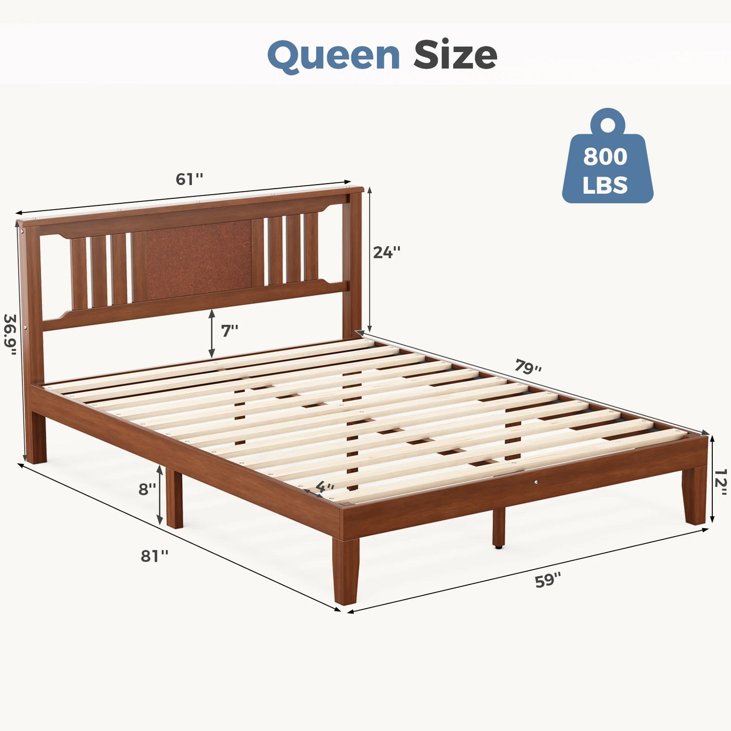 MCQ Solid Wood Platform Bed Frame With Headboard Support