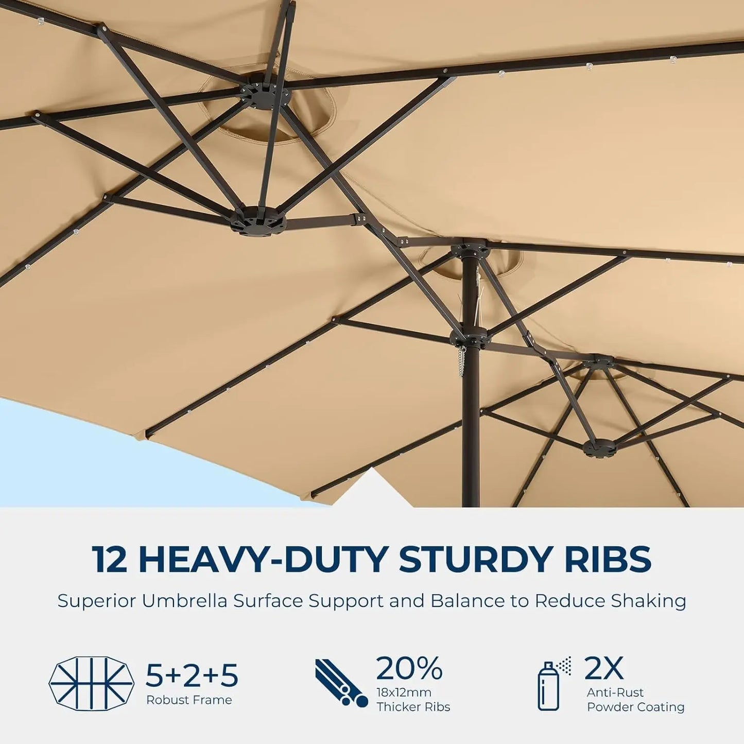 Double Sided Patio Umbrellas With LED Solar Lights And Base