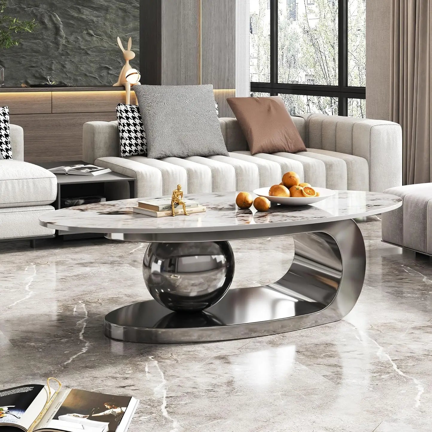 Modern Coffee Table With Silver Stainless Steel Pedestal