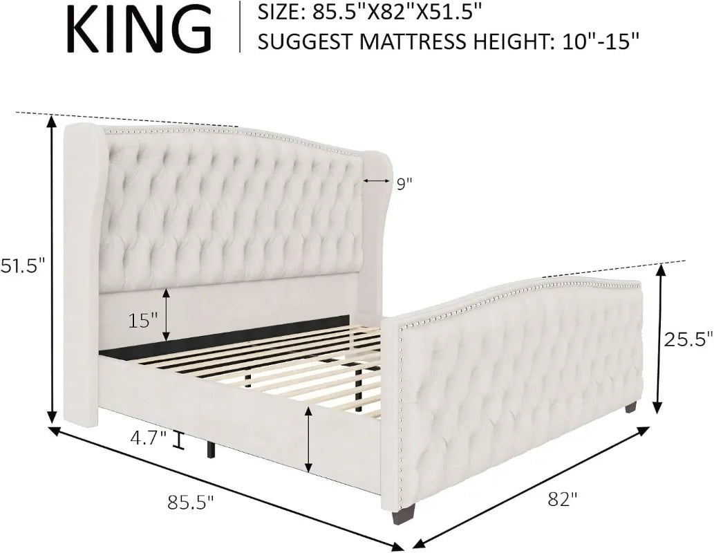 Velvet Upholstered Platform Bed Frame With Wingback Headboard