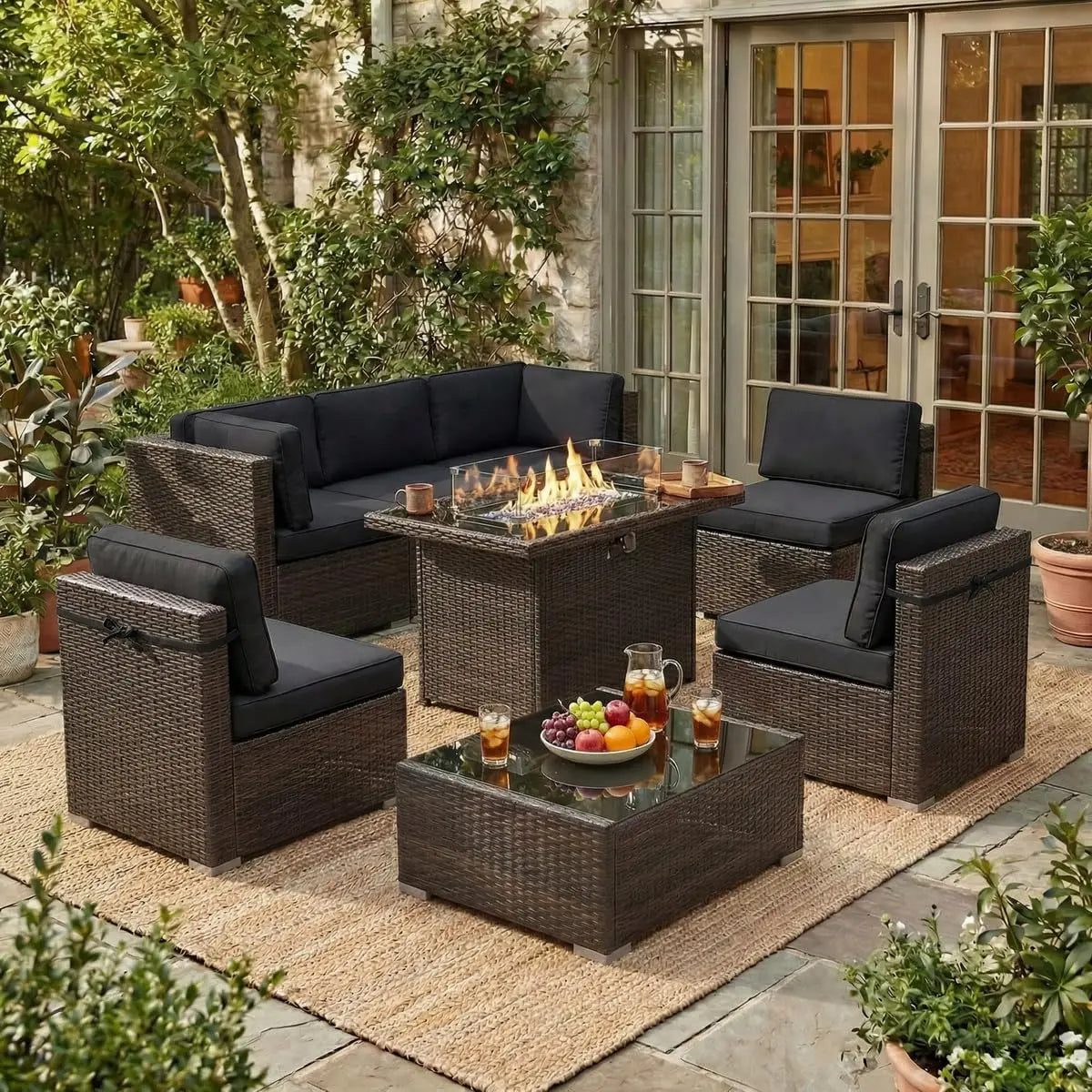 Outdoor Patio Furniture Set With Fire Pit Table In Wicker Rattan