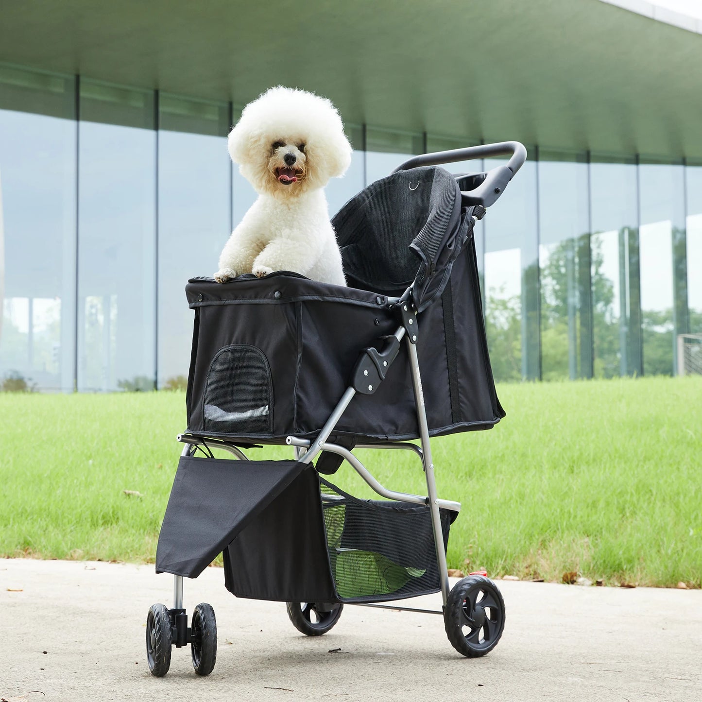3 Wheel Foldable Pet Stroller With Mesh Windows And Cup Holder