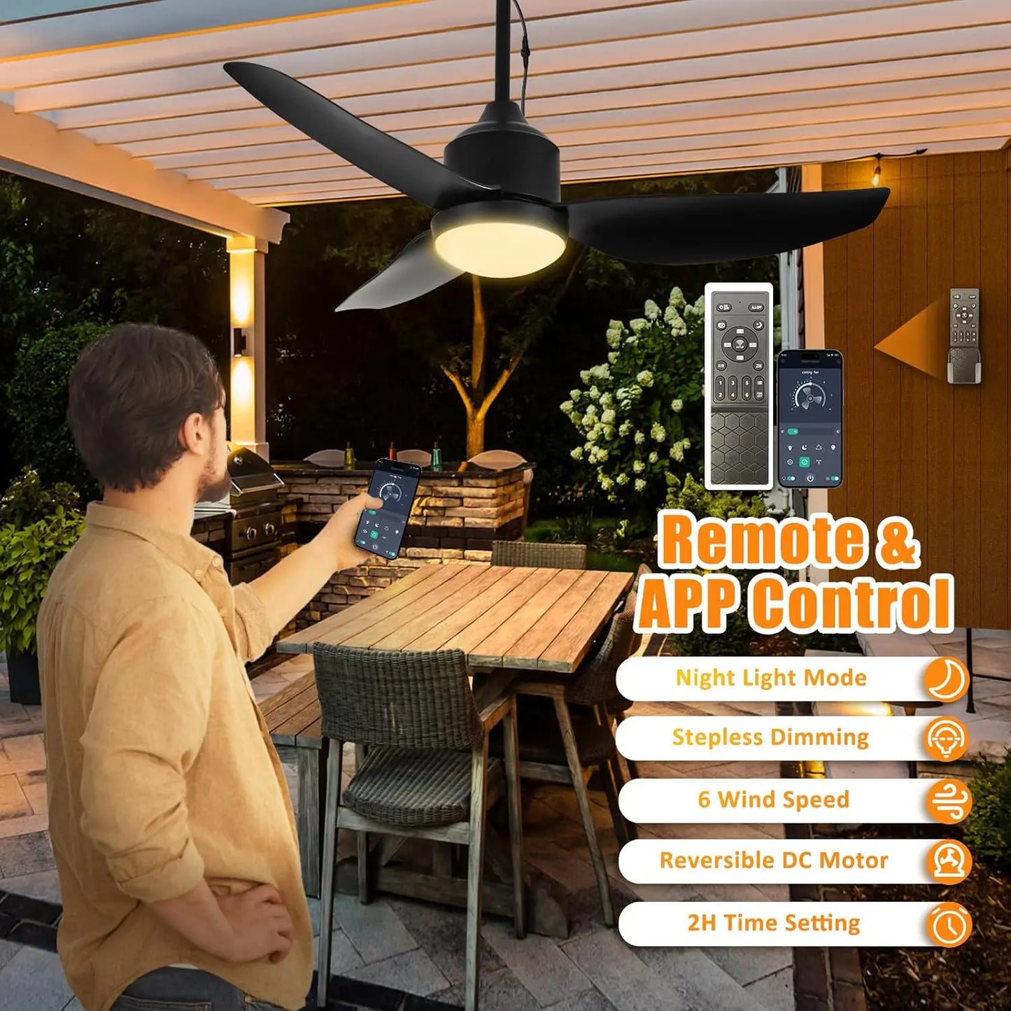 Outdoor Ceiling Fan With Light, Remote App Control