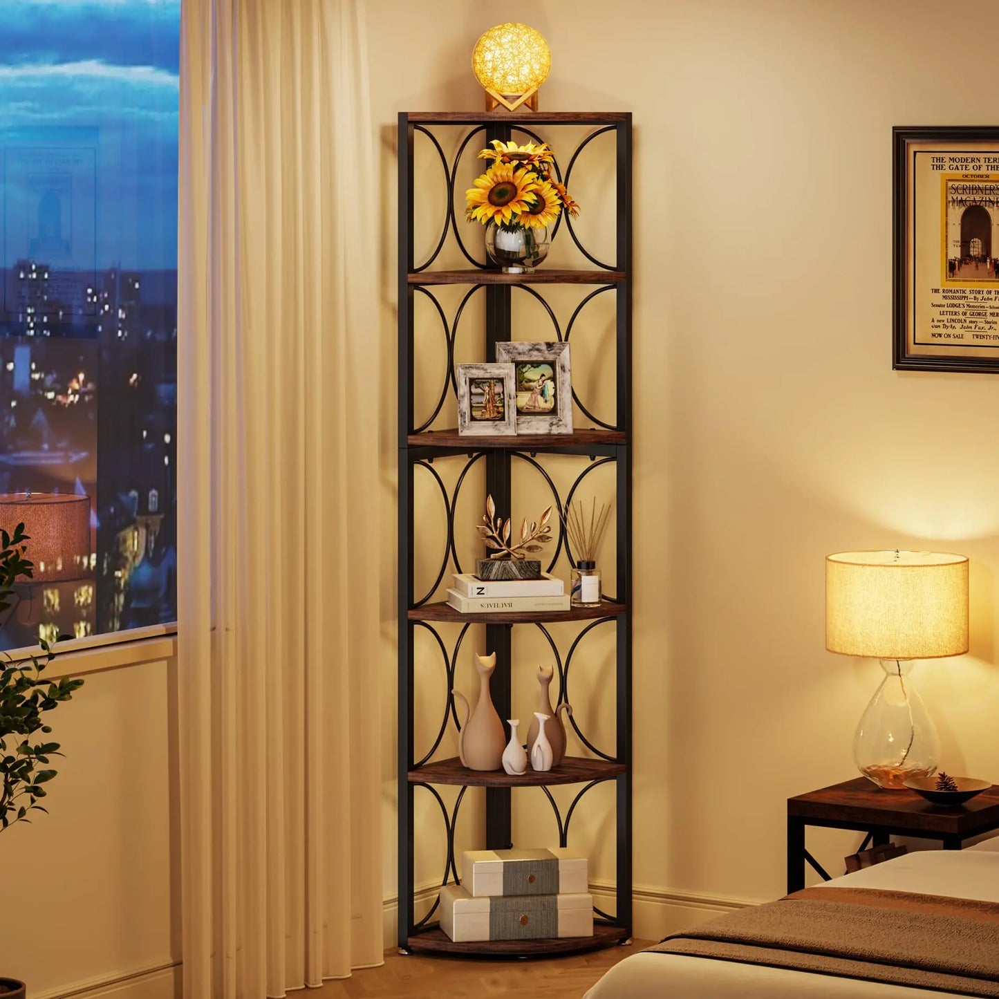 Tribesigns Tall Corner Bookshelf Six Shelf Rustic Corner Storage Rack