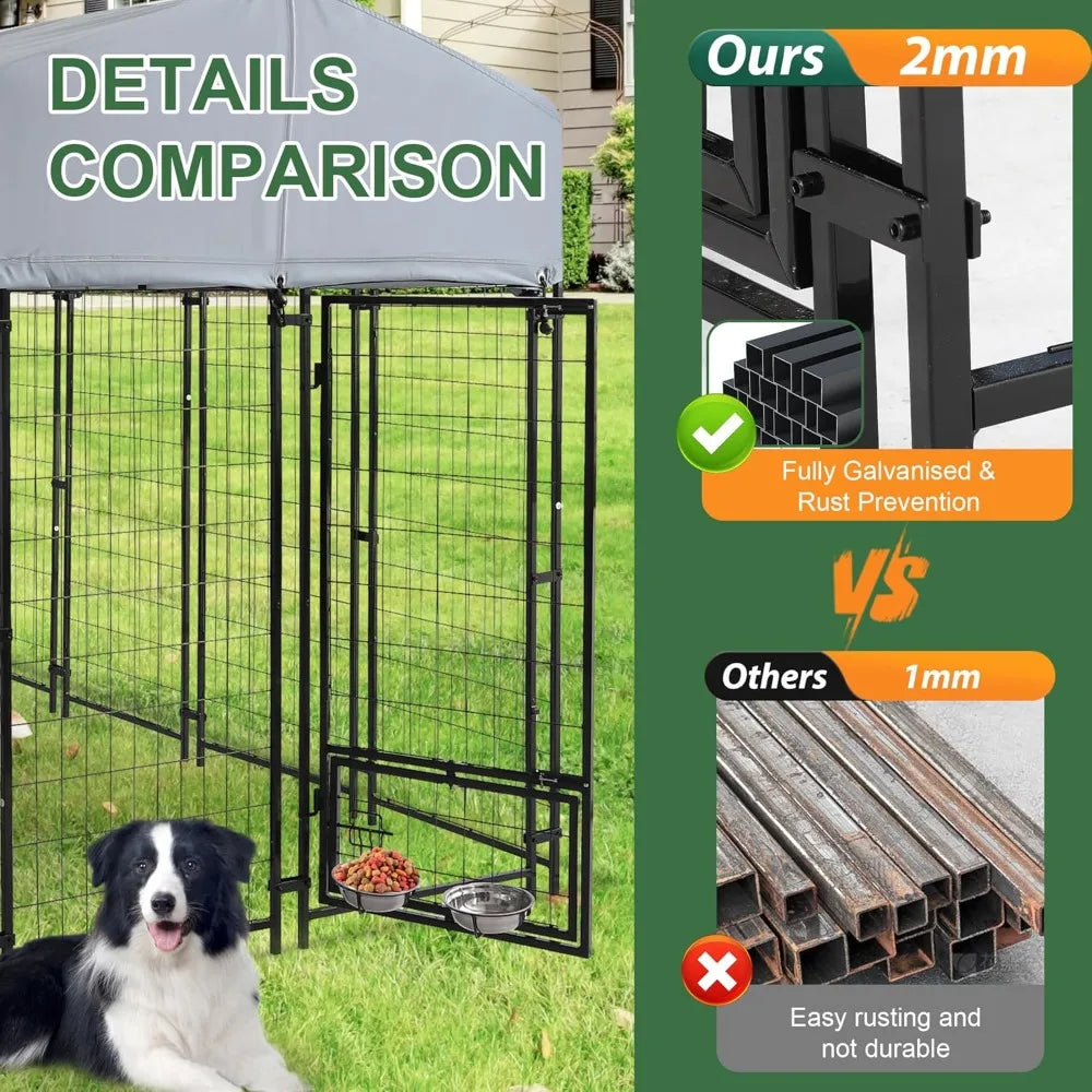 Heavy Duty Outdoor Dog Kennel With Roof, Rotating Bowls, Lock