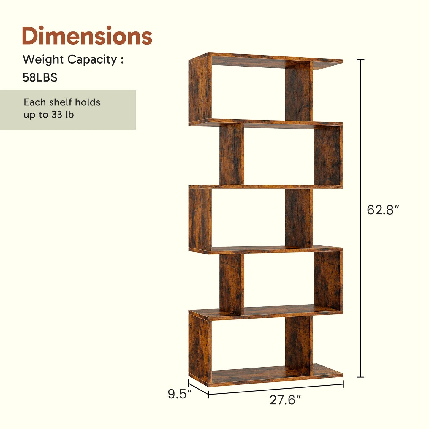 JHK Geometric 5 Tier S Shaped Wooden Bookcase Display