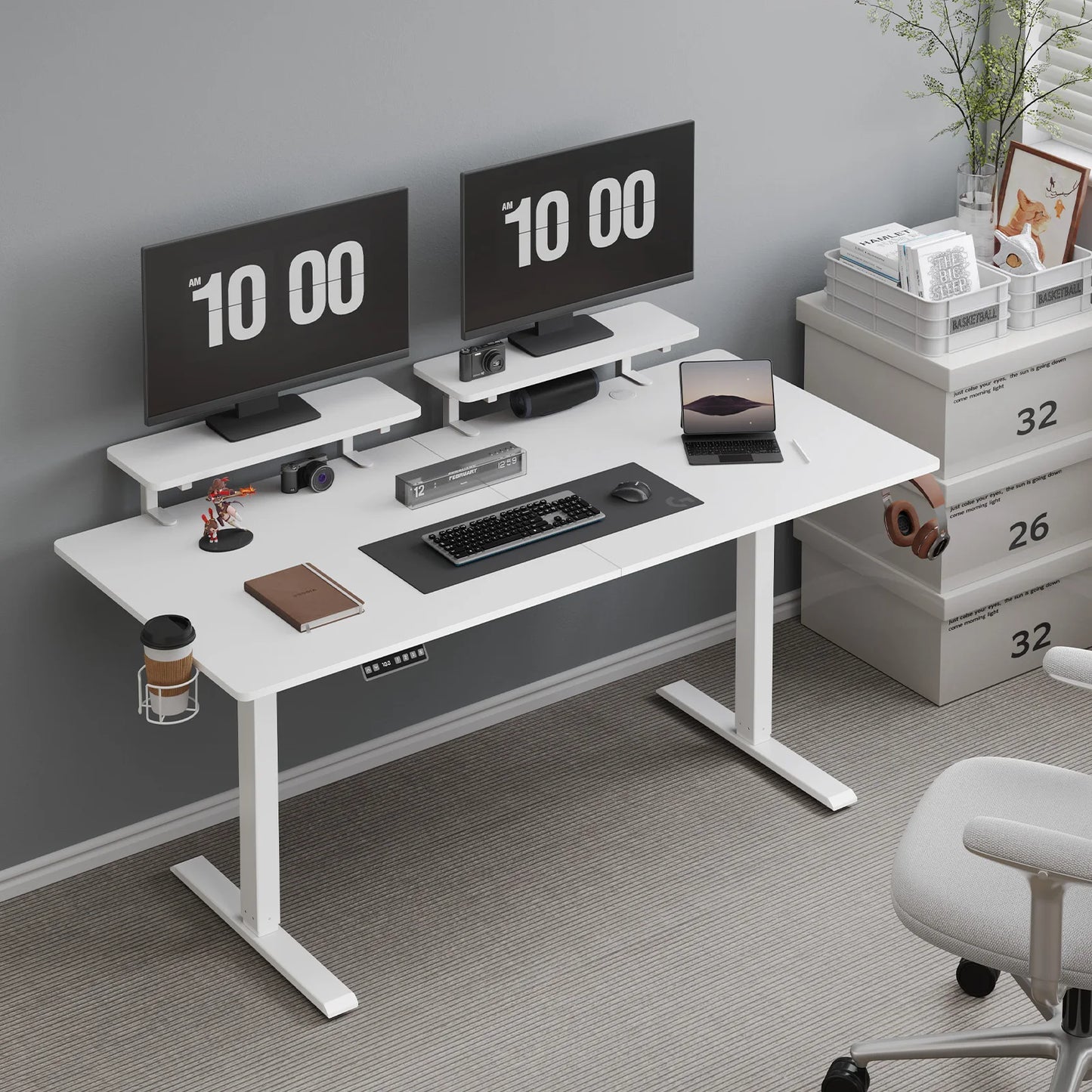 ONBRILL Standing Desk With Adjustable Monitor Shelves And Memory Controller