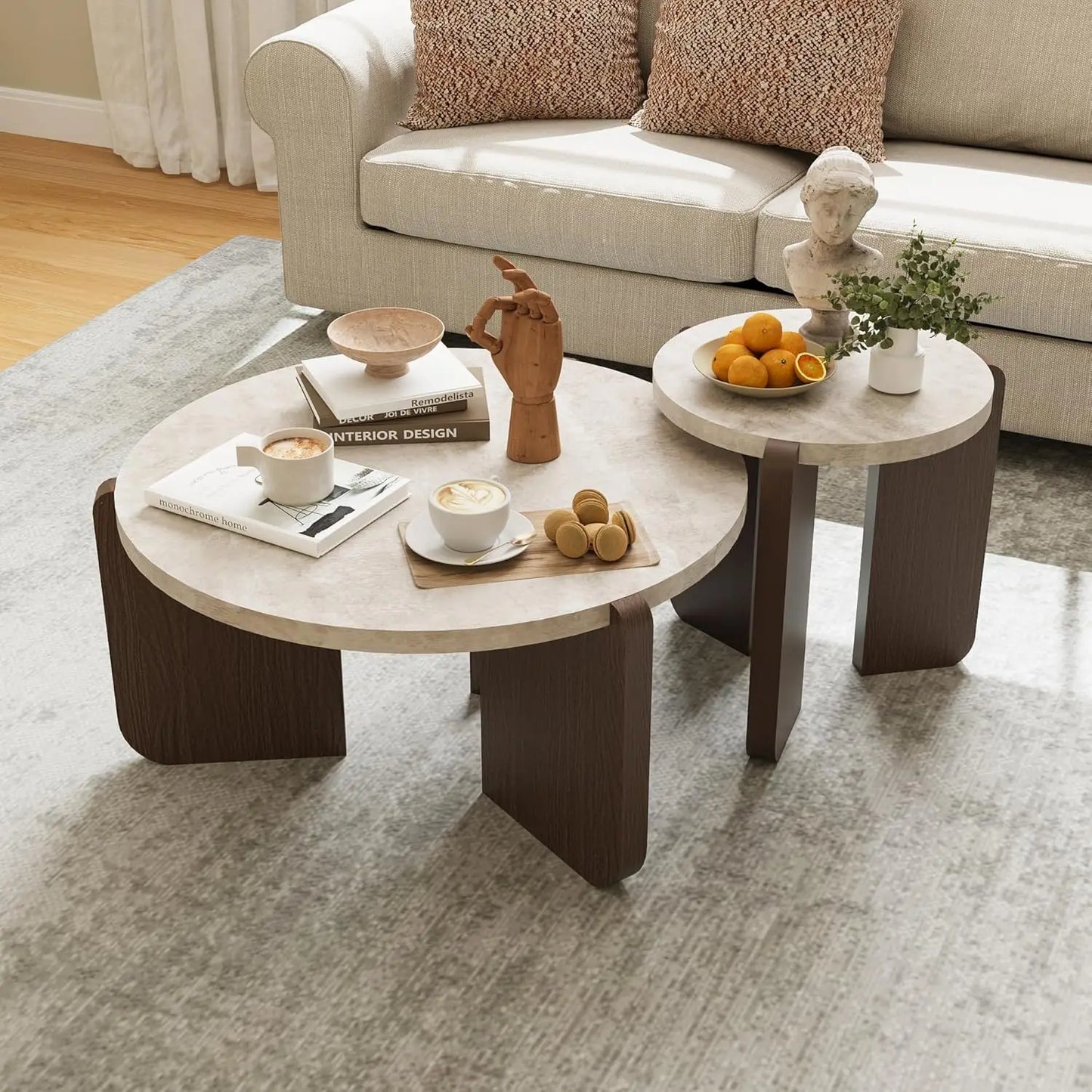 Modern Round Coffee Table And Side Table Set Faux Marble