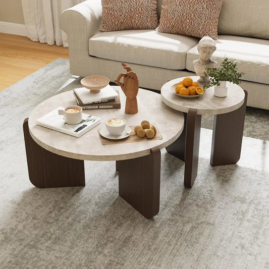 Modern Round Coffee Table And Side Table Set Faux Marble