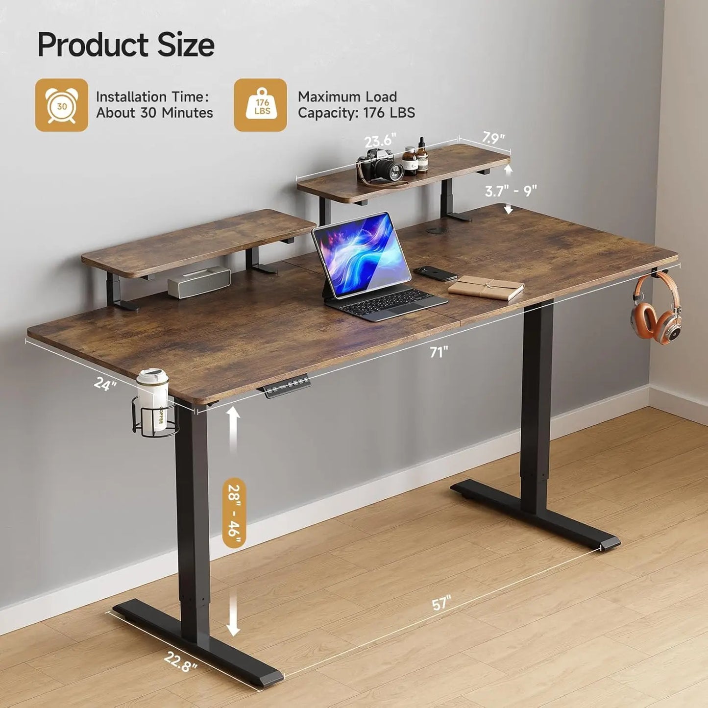 ONBRILL Standing Desk With Adjustable Monitor Shelves And Memory Controller