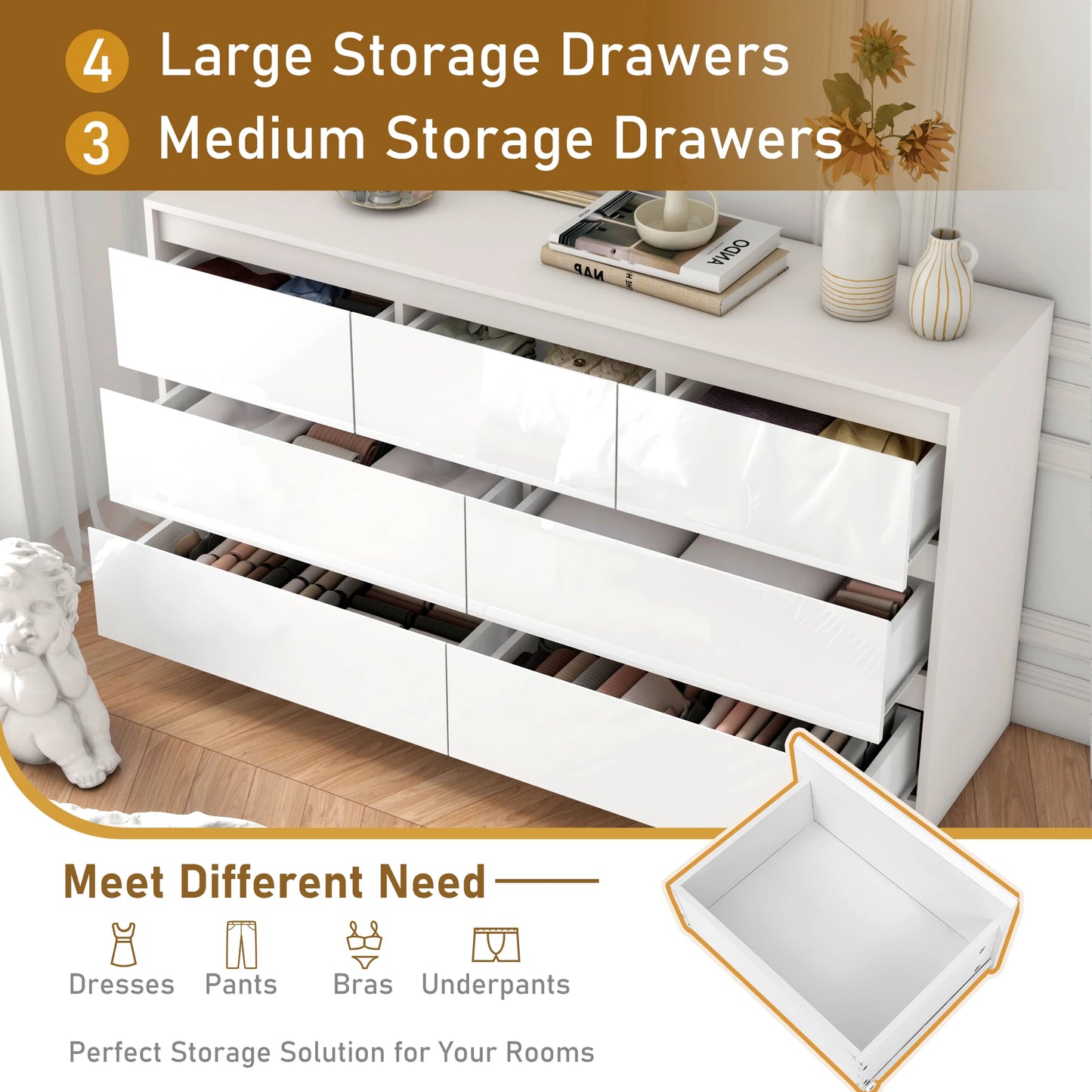 QiaoShiRen 7-Drawer Dresser, Modern High Gloss Wood Chest