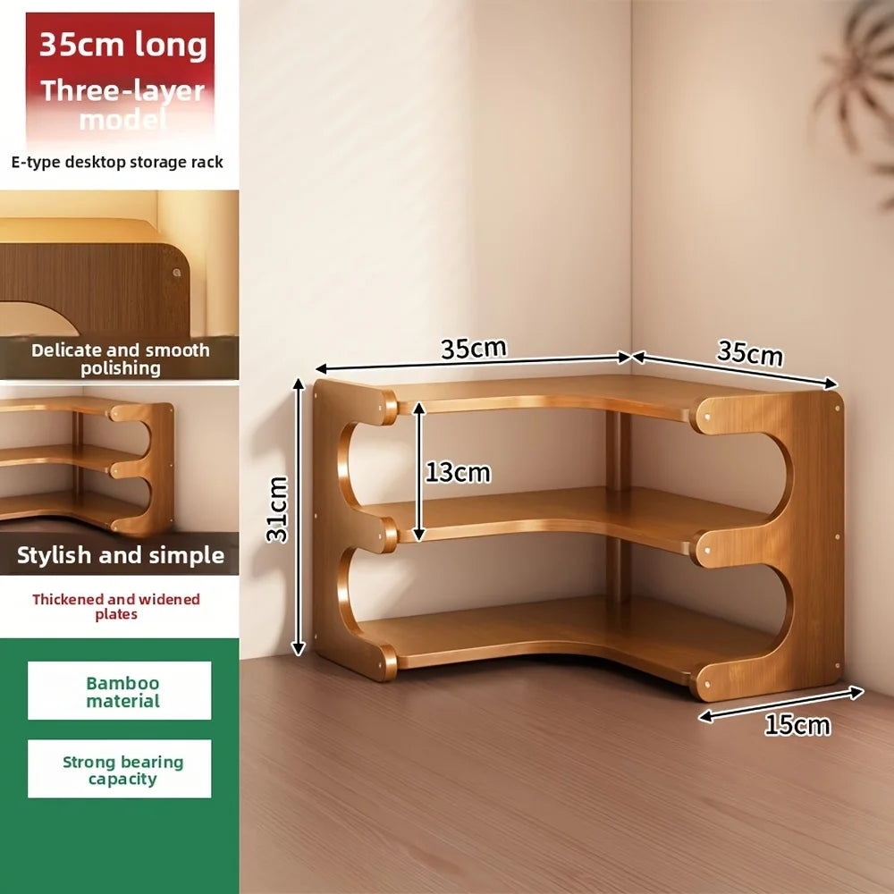 Three Tier Bamboo Corner Desk Shelf Natural Wood Organizer
