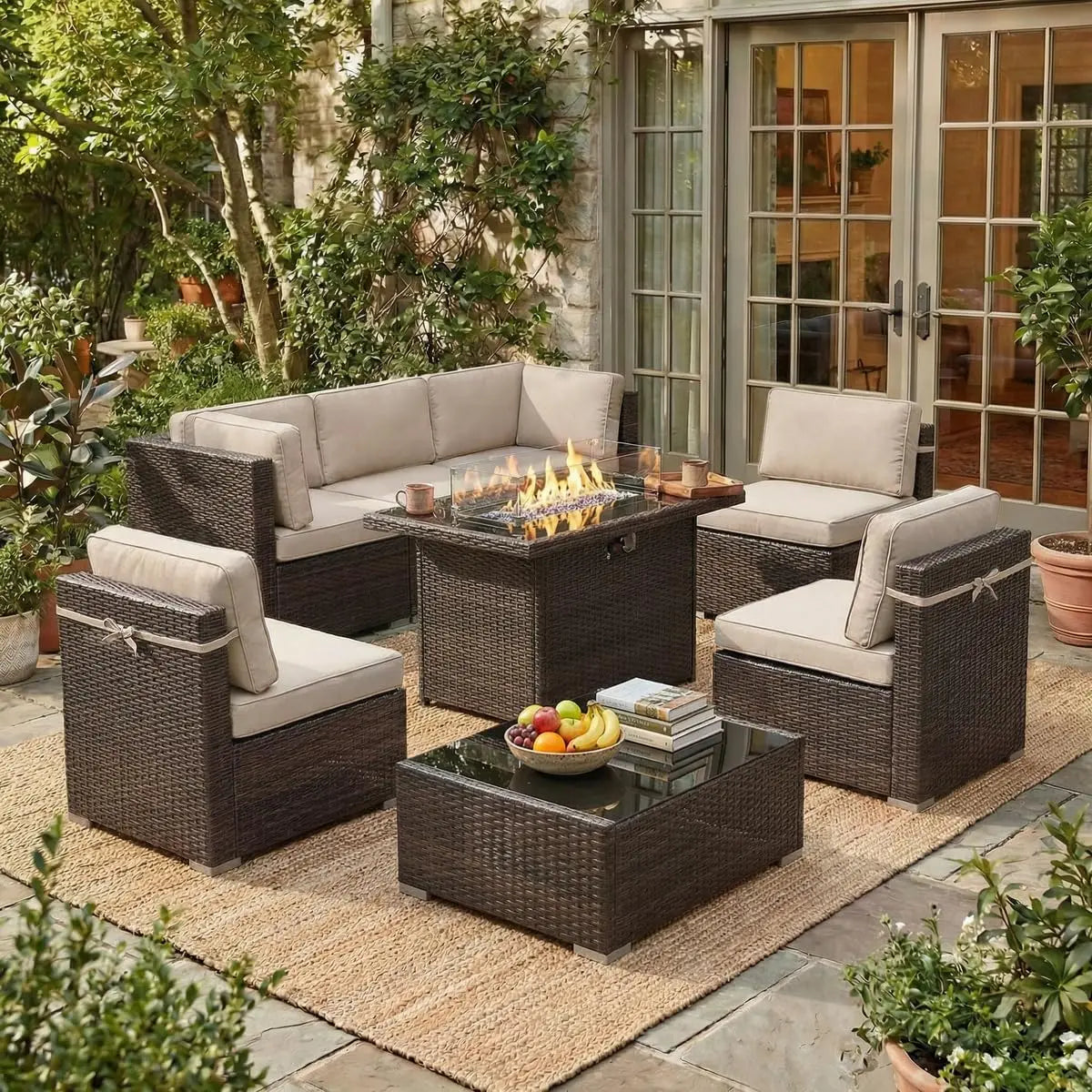 Outdoor Patio Furniture Set With Fire Pit Table In Wicker Rattan