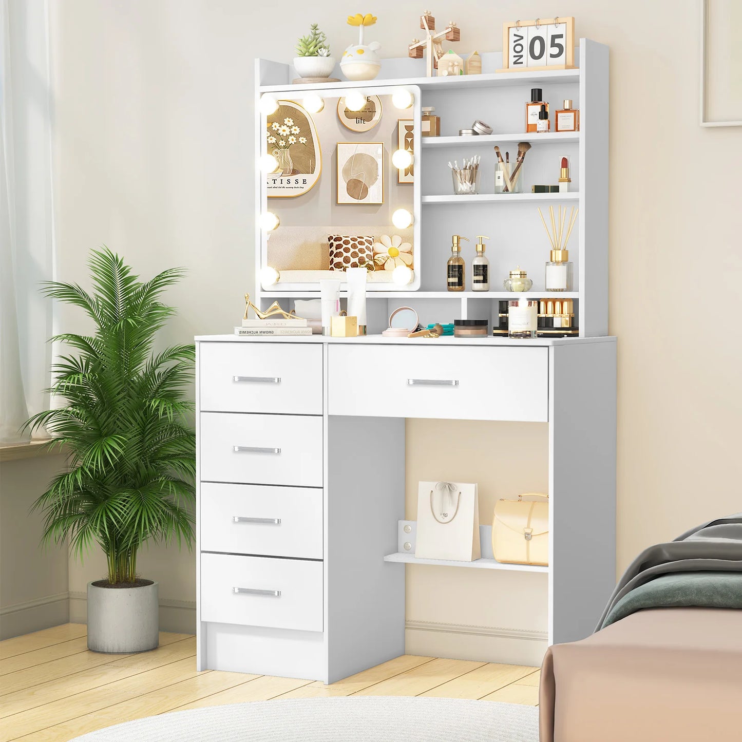 Teousev Vanity Dressing Table With LED Mirror And 5 Drawers