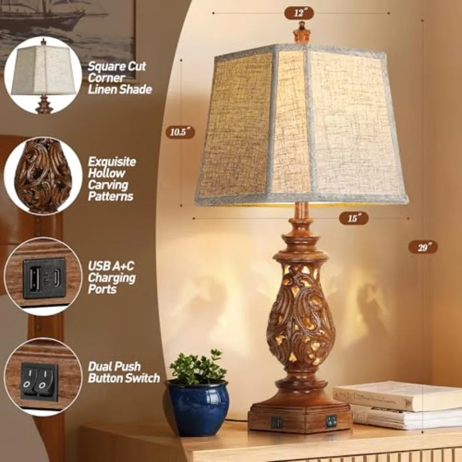Farmhouse Table Lamps With USB Charging Ports And Night Light