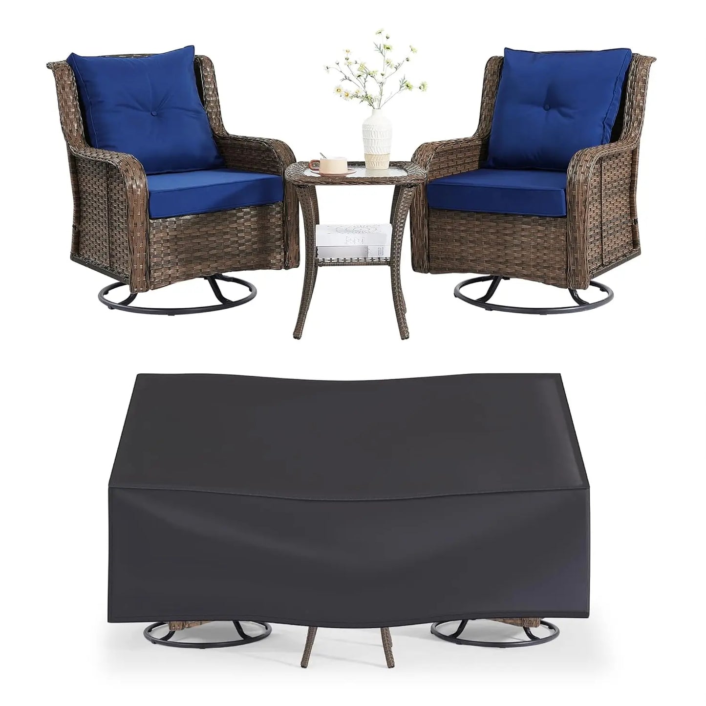 Wicker Patio Furniture Set With Swivel Rocking Chairs And Table