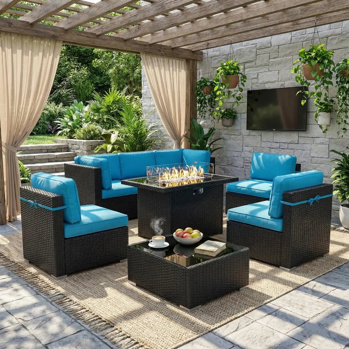 Outdoor Patio Furniture Set With Fire Pit Table In Wicker Rattan