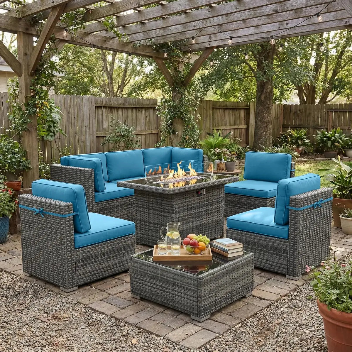 Outdoor Patio Furniture Set With Fire Pit Table In Wicker Rattan