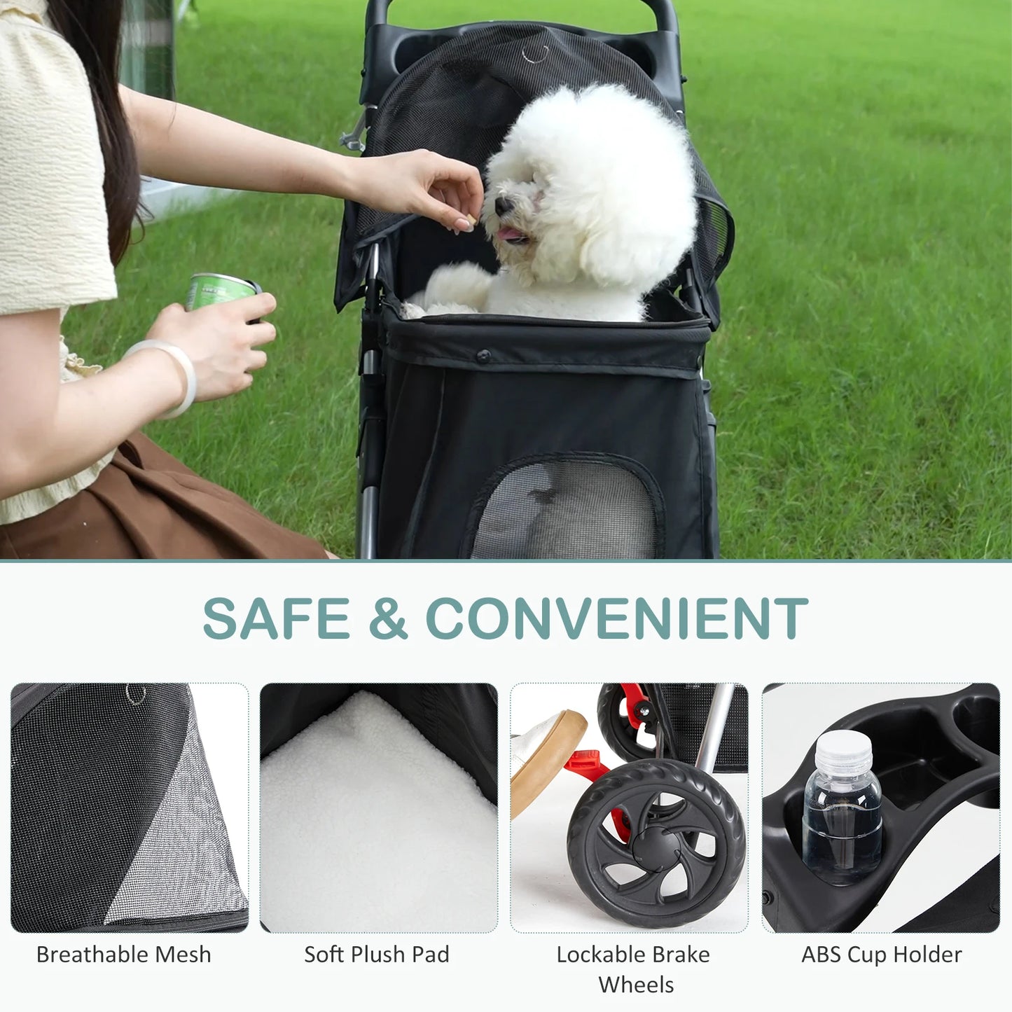 3 Wheel Foldable Pet Stroller With Mesh Windows And Cup Holder