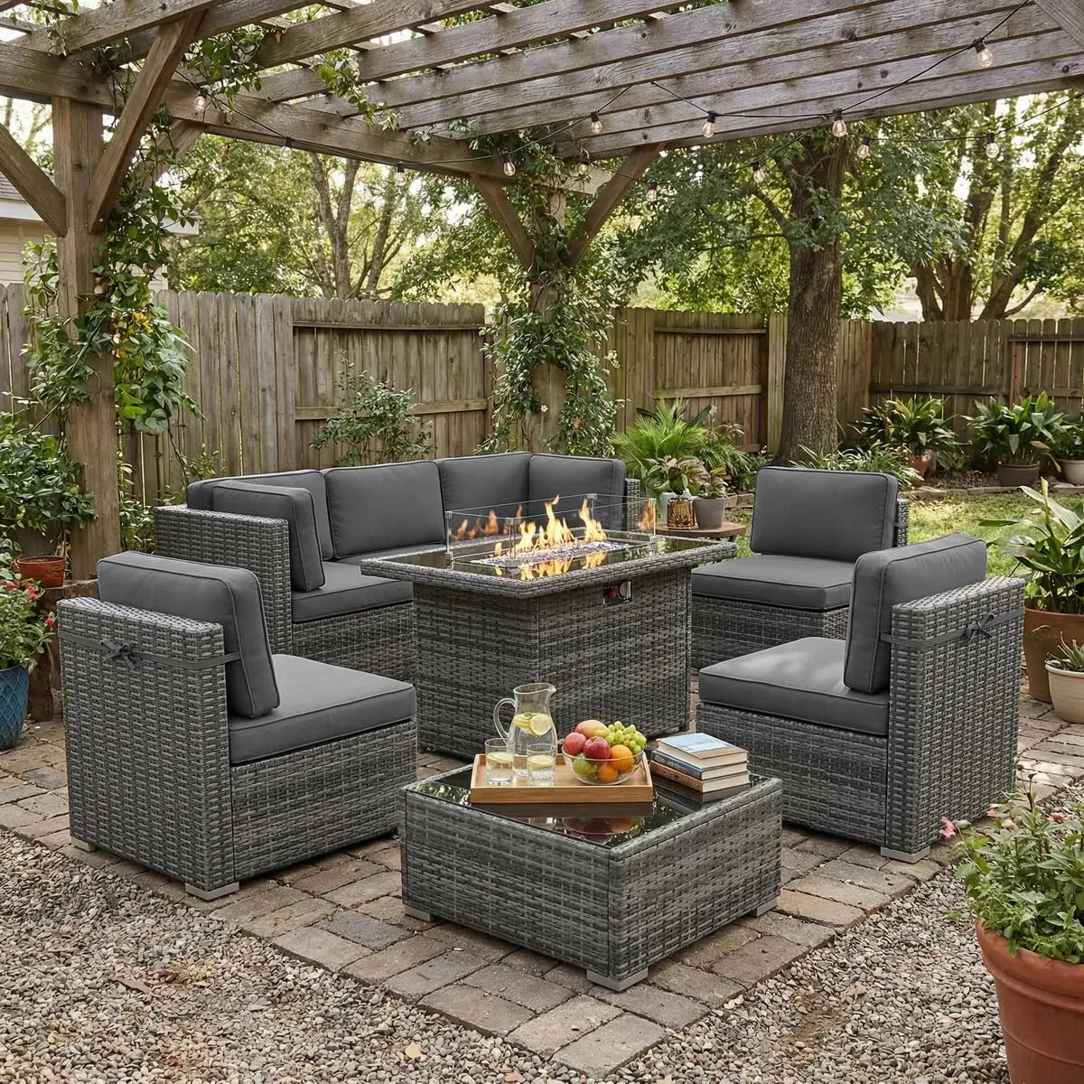 Outdoor Patio Furniture Set With Fire Pit Table In Wicker Rattan