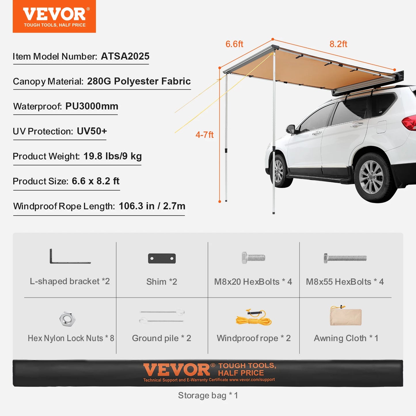 Succebuy Retractable Car Side Awning With Waterproof Storage Bag