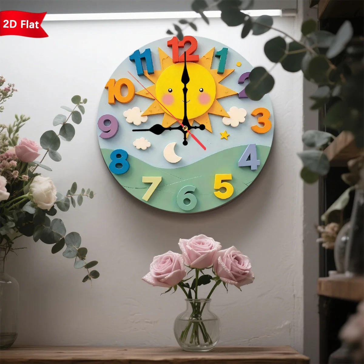 Cartoon 3D Numerals Wall Clock Silent Round Home Decor