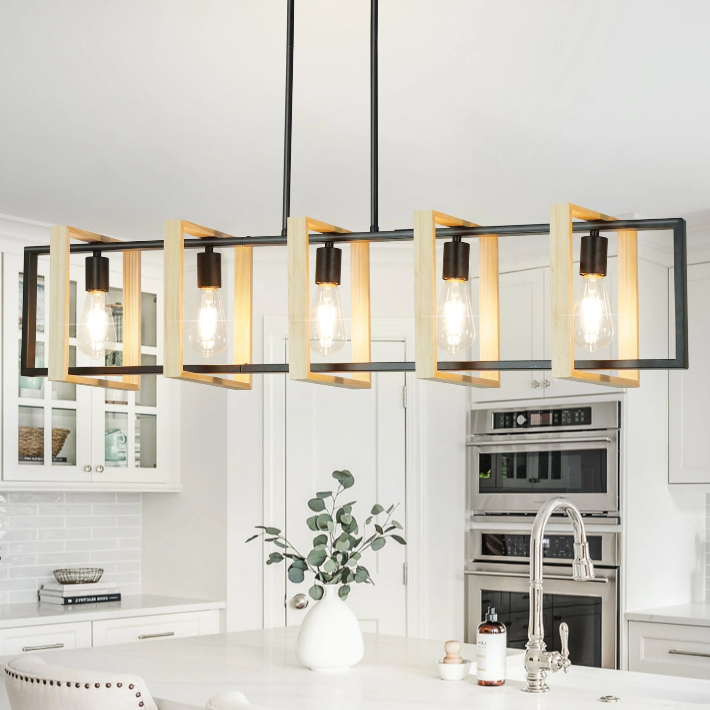 Modern Farmhouse Kitchen Island Pendant Lights With Wood Shades Dimmable