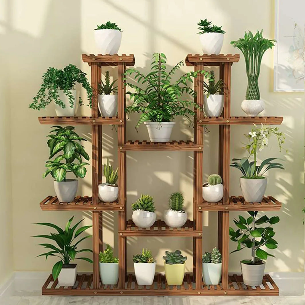 11 Tier Carbonized Wood Plant Stand For Indoor Outdoor Display