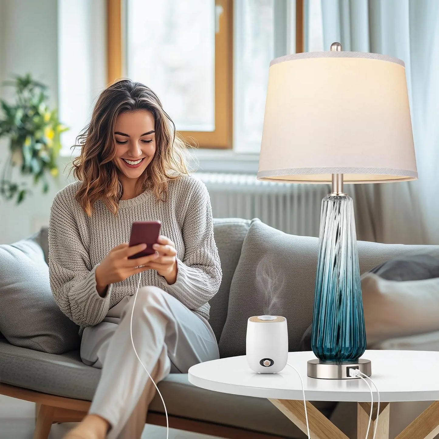 Touch Control Glass Table Lamps Set With Usb Charging Ports
