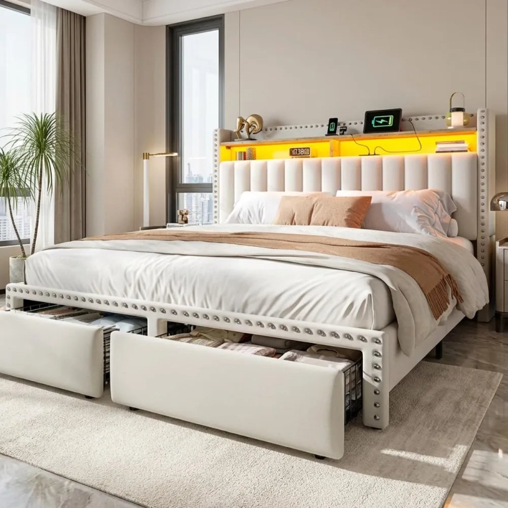 Upholstered Platform Bed With Storage Drawers LED Lights Charging Station