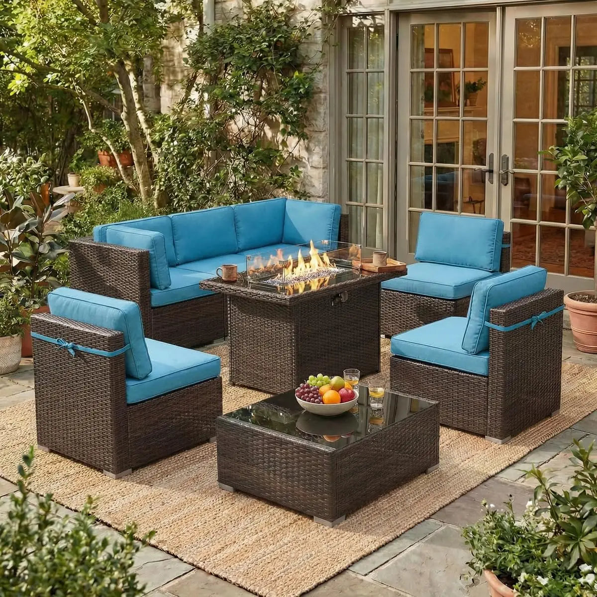 Outdoor Patio Furniture Set With Fire Pit Table In Wicker Rattan
