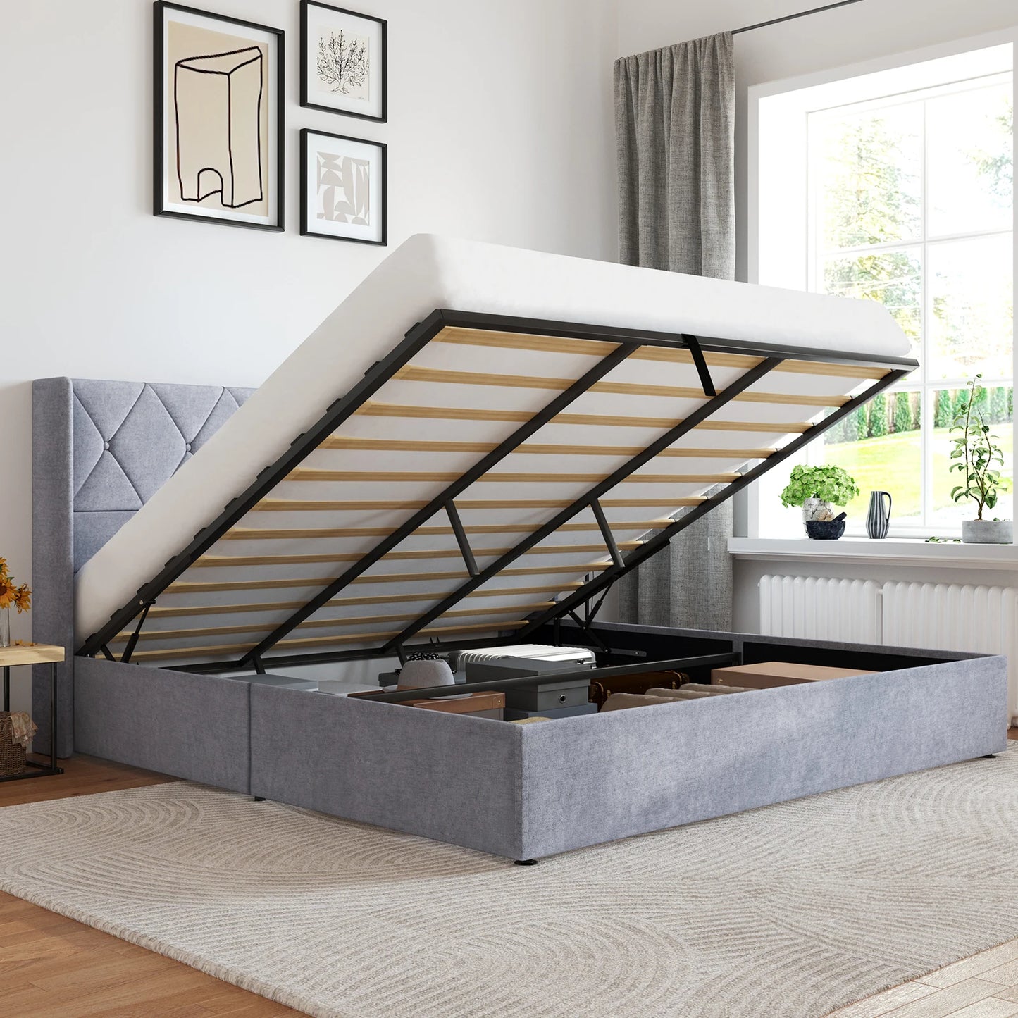 JHK Modern Wingback Platform Bed With Hydraulic Lift Storage