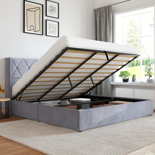 JHK Modern Wingback Platform Bed With Hydraulic Lift Storage