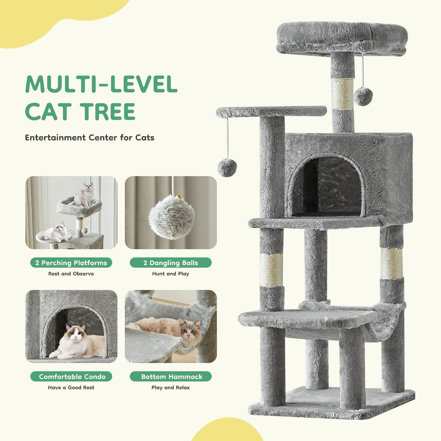 JHK Four Tier Cat Tree Multilevel Climbing Tower With Sisal Posts