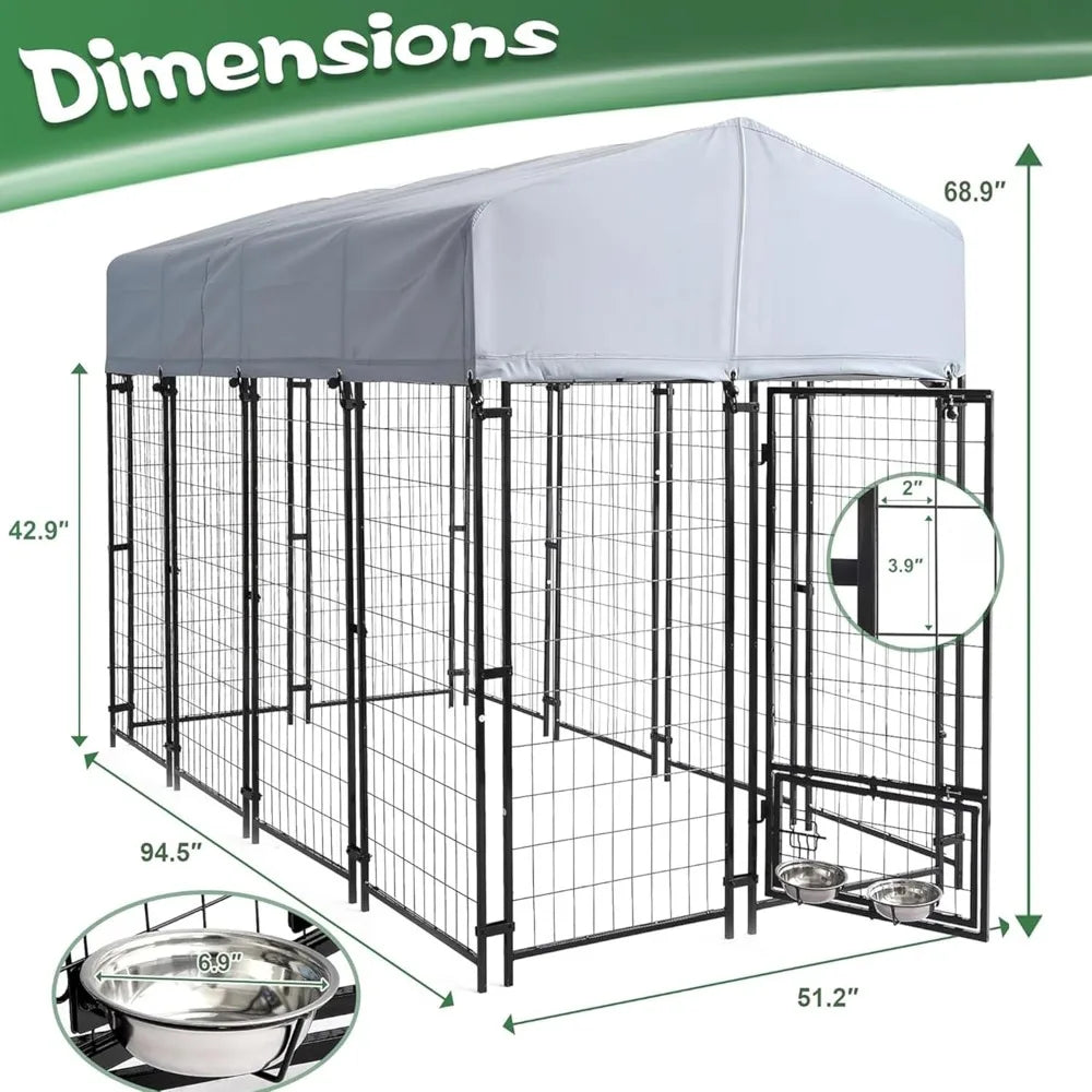 Heavy Duty Outdoor Dog Kennel With Roof, Rotating Bowls, Lock